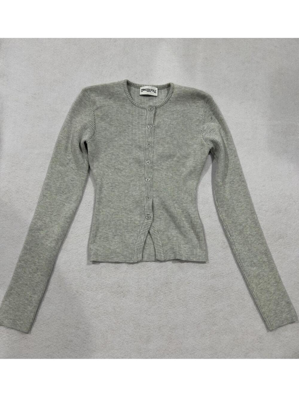 Princess Polly Gray Ribbed Fitted Button Front Cardigan Knit Sweater US 6